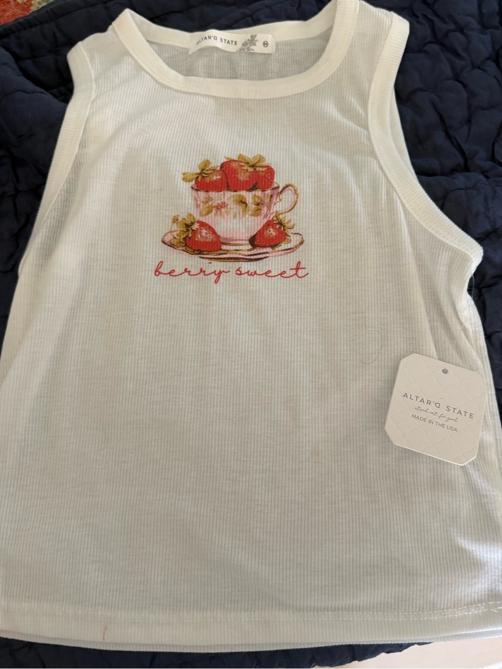NWT Altar'd State White Ribbed 'Berry Sweet' Graphic Tank - Picture 2 of 2